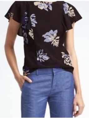 Banana Republic Black Flutter-Sleeve Blouse with Blue and Cream Floral